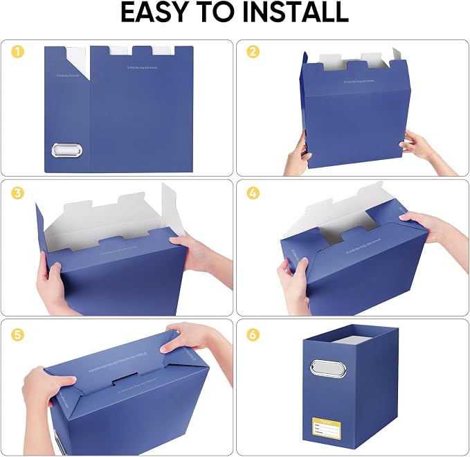 BALEINE File Organizer Box, Cardboard File Folder Organizer with Handle for Letter Size, Portable Collapsible Hanging Filing Box for Home Office Document Storage (8 Pack, Navy)