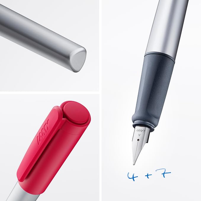 LAMY nexx crimson – Fountain Pen with slip-proof grip & polished Left-Handed steel nib (LH) in size M - triangular aluminum body - including LAMY T 10 blue cartridge | Lamy Fountain pen with non-slip grip - triangular aluminium housing - incl. ink cart...