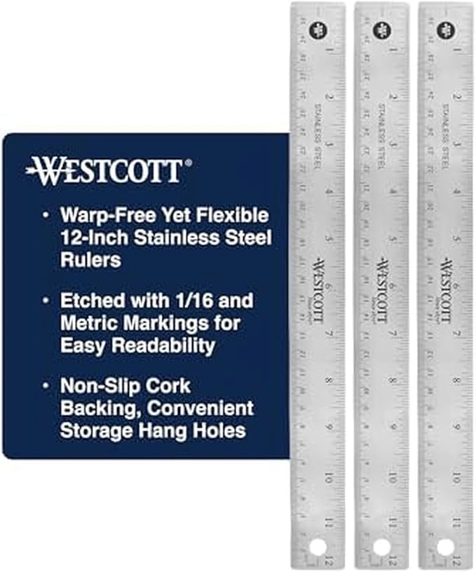 Westcott Stainless Steel Ruler Set with Non-Slip Cork Backing, Easy to Read Etched Markings, Flexible and Sturdy Design, for Crafting, Office, Classroom, Back to School Supplies, 12-Inch, 3 Pack