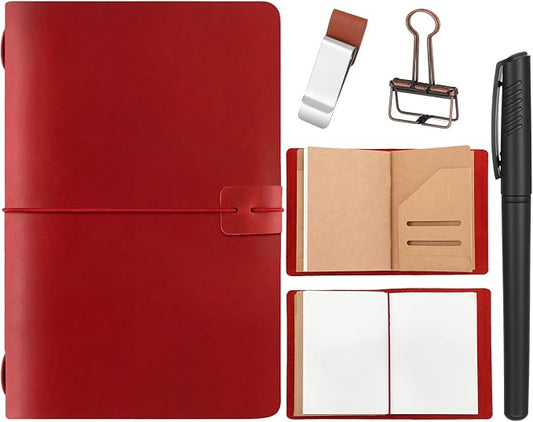 Thenshop Travelers Refillable Leather Journal Notebook Travel Diary Handmade Passport Travelers Journal for Men and Women with 3 Notebook Inserts, Pen Holder, Binder Clip(Wine Red,A5 Size)