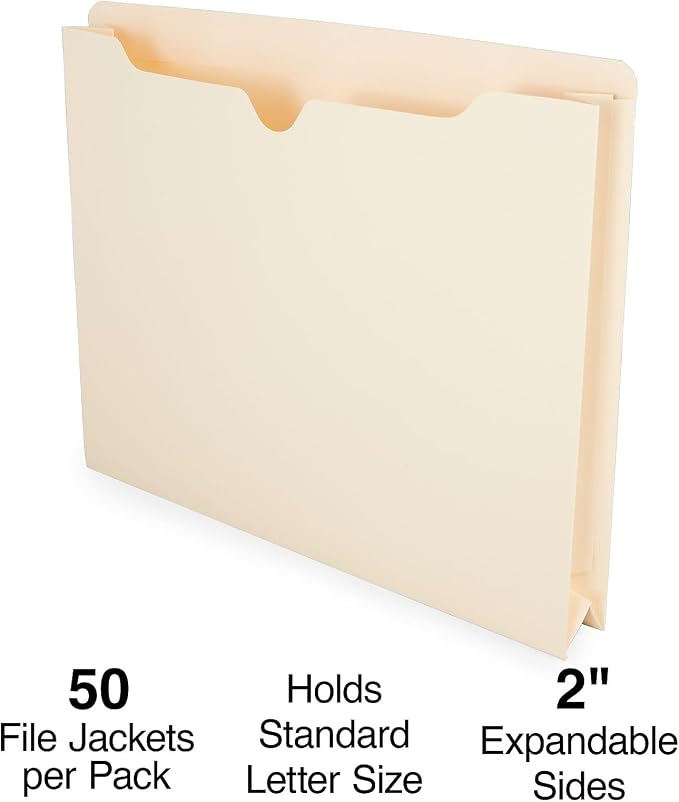 Staples Reinforced File Jackets, Letter Size, 2‑Inch Expansion, Durable Manila Construction for Organized Filing – 100/Carton