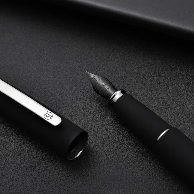 Hongdian 517D Matte Black Fountain Pen Extra Fine Nib, Warrior Series, Classic Design with Converter and Metal Box