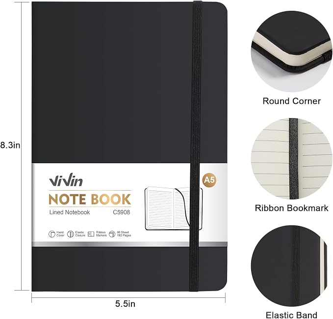 ViVin Lined Journal Notebooks,3 Pack,192 Pages,Medium 5.5 x 8.3 inch,College Ruled,A5 Hardcover Notebooks,Journaling Notebooks for Professional Office Work,Writing, School