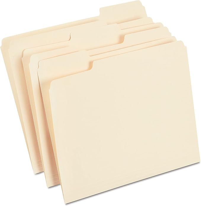 Staples File Folder, Letter Size, Manila, 1/3‑Cut Tab, Durable Paper Stock, 200/Carton