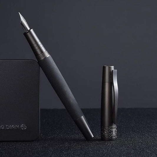Hongdian 6013 Pure Black General Fountain Pen, PVD Coated Black Medium Nib Solid Metal Pen with Metal Box