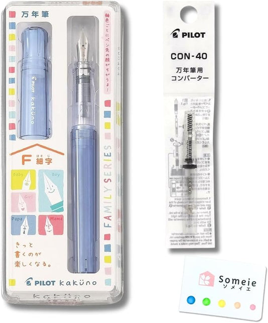 Fountain Pen Set CON-40 Converter & Kakuno Fine Nib with Black Ink Cartridge & Sticky Notes – Refillable Ink System, For Beginners, Calligraphy (Blue FKA-1SR-KPL-F)