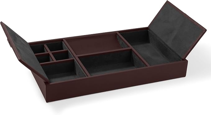 Leatherology Brown Deluxe Valet Tray – Jewelry & Watch Organizer with Covered and Open Compartments, Microsuede Lining – Elegant Catchall for Bedroom, Closet or Bathroom