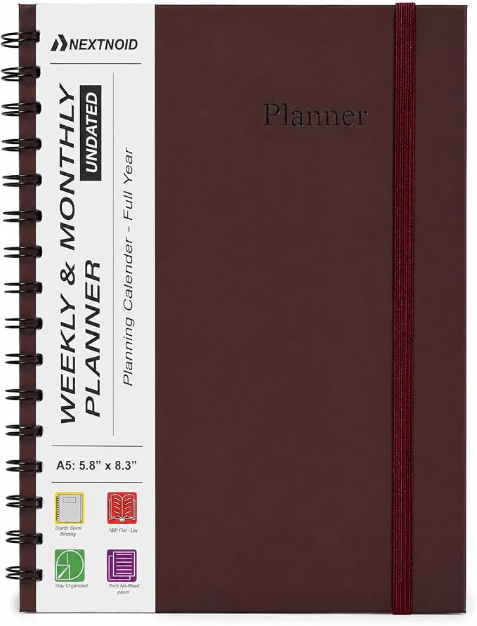 Undated Monthly and Weekly Planner - 12 Month Calendar Planner Notebook with Week Days - Hardcover Undated Planners Blank Agenda Book - A5 Burgundy