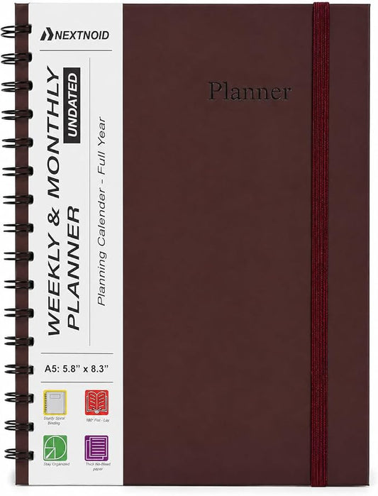 Undated Monthly and Weekly Planner - 12 Month Calendar Planner Notebook with Week Days - Hardcover Undated Planners Blank Agenda Book - A5 Burgundy