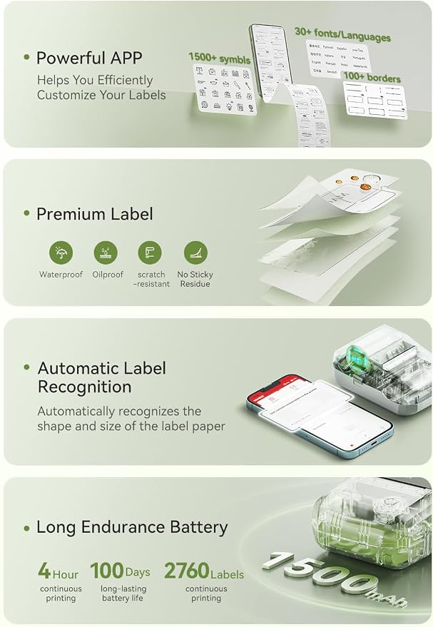 NIIMBOT B1 Label Maker Machine with 3 Tapes, 50x30mm White/34×34mm ColorfulB/50x80mm Clear, Bluetooth Thermal Label Printer for Small Business,Office,Home,School (Green, 1 Printer+3 Roll Label)