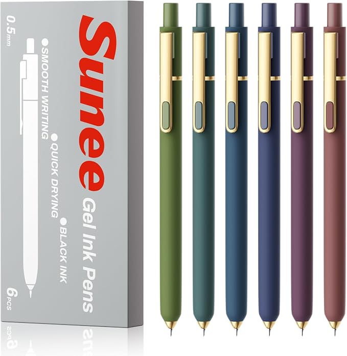 SUNEE Gel Pens, 6 Pack 0.5mm Pens Fine Point Smooth Writing Pens with Quick-Dry Black Ink, Cute Aesthetic School Office Note-Taking Pens for Journaling - Vintage