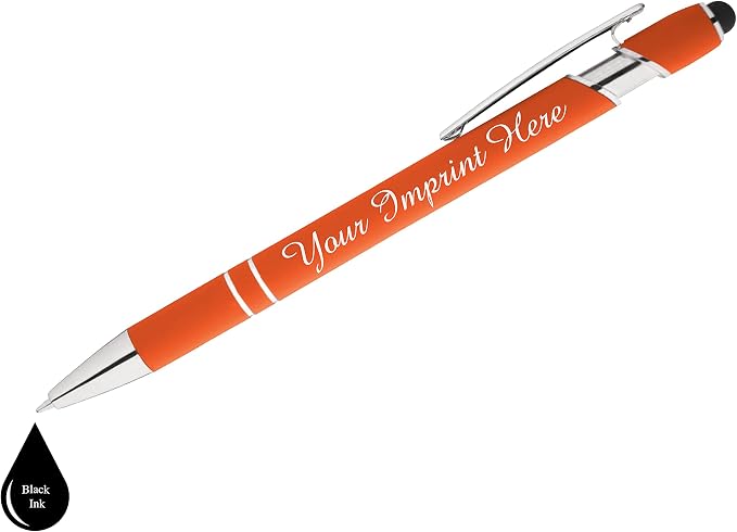 ExpressDesigns™ - Personalized Pens Gift Set w/Journal- 2 Pack of Soft Touch Metal Pens w/Notebook - Custom Engraved with Name or Message (Black - Orange)