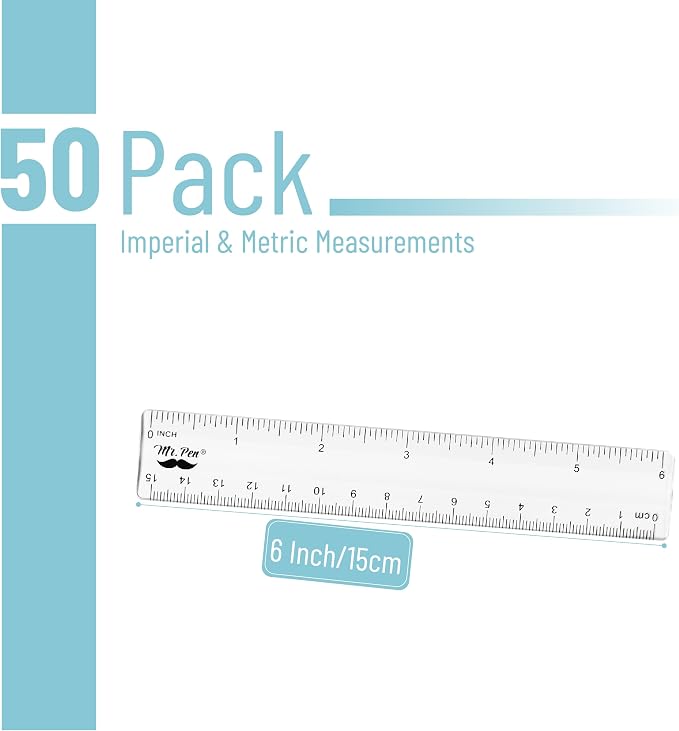 Mr. Pen- Bulk Plastic Rulers, 6 Inch, 50 Pack, Easy-to-Read Markings | Scratch-Resistant Design, Durable Clear Ruler for Crafting Office & School, School Supplies, Bulk Rulers Set, Measuring Tools
