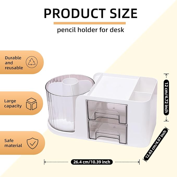 Desk Organizer with 2 Drawer, 360°Rotating Pencil Holder for Desk, Office organization, Desk accessories for women with 5 Compartments for School, Home, Office Supplies, Includes Cute Sticker (White)