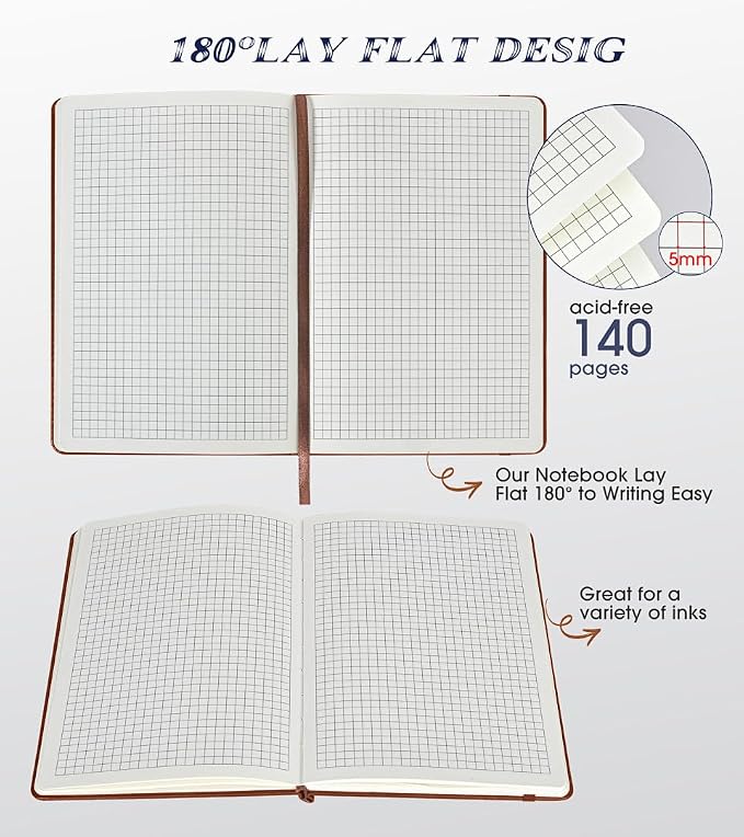 Biuwory A5 Hardcover Graph Paper Notebook, Grid Leather Journal for Writing | 140 Quad Ruled Grid Pages Vintage Diary, 5.7"×8.3" Travel Notebook for Work, School, Women & Men