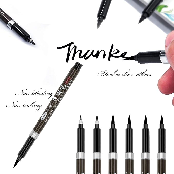 Calligraphy Hand Lettering Brush Pens Drawing Markers Beginners | Kits Chinese Japenese Pens Black Ink for Journaling, Writing, Art Drawing, 3 Size(Pack of 6)