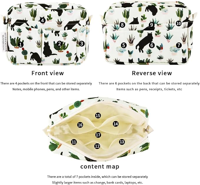 E-WEICHEN Multiple Pockets Portfolio Organizer with Zippered, Makeup Bag Travel Essentials for Women, Simple Waterproof Stationery Pencil Pouch Bag for Journal Office Art Supplies.White Black Cat