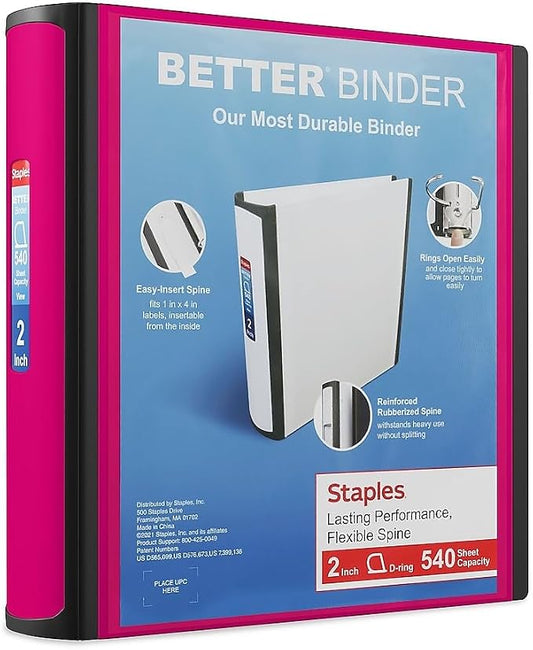 Staples Better Binder, 2" Heavy‑Duty D‑Ring 3‑Ring Binder, Pink, Reinforced Spine, 540‑Sheet Capacity, Durable Organizer for Office, School & Filing, 2‑Pack