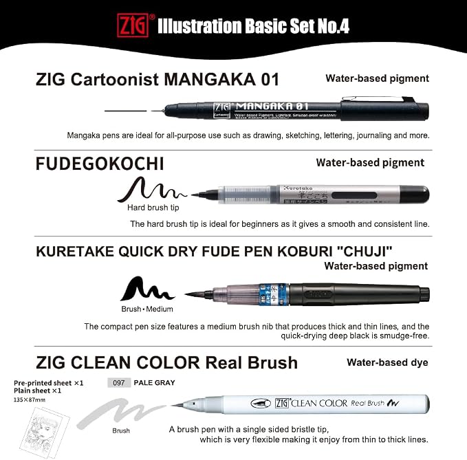 Kuretake Zig Inktober pen set, for Illustration, Manga Drawing, Lettering and Calligraphy, Professional Artist, Made in Japan (Basic No.4(4pcs.))