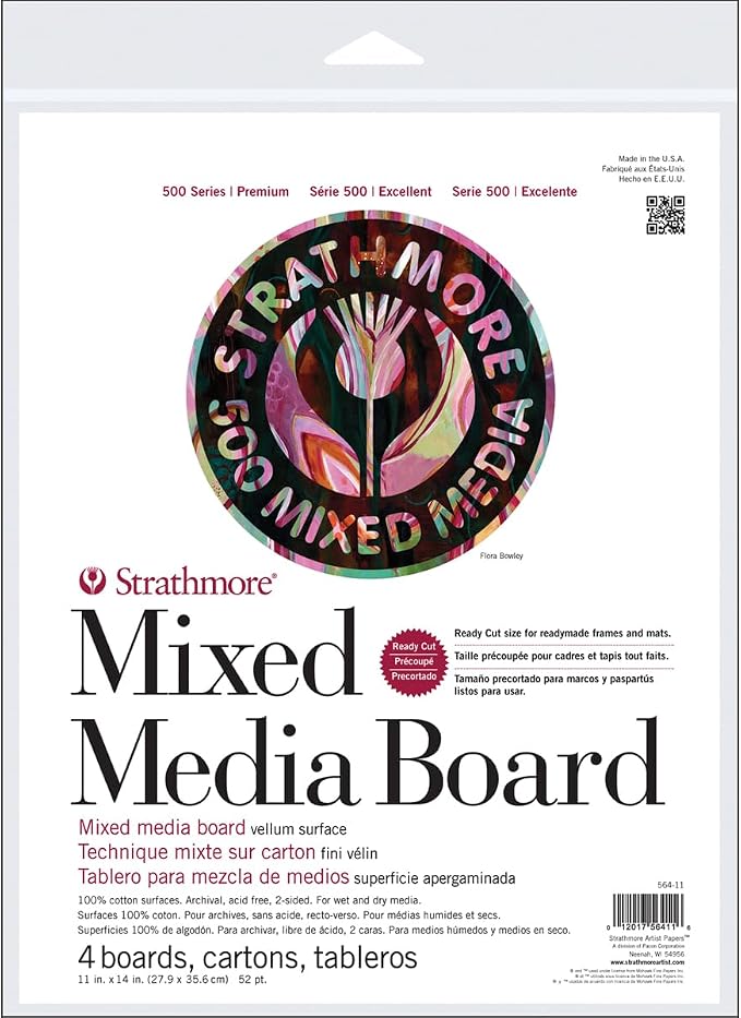 Strathmore 500 Series Mixed Media Board, 52 pt. Vellum Surface, 11 X 14 inches, Package of 4 (564-11)