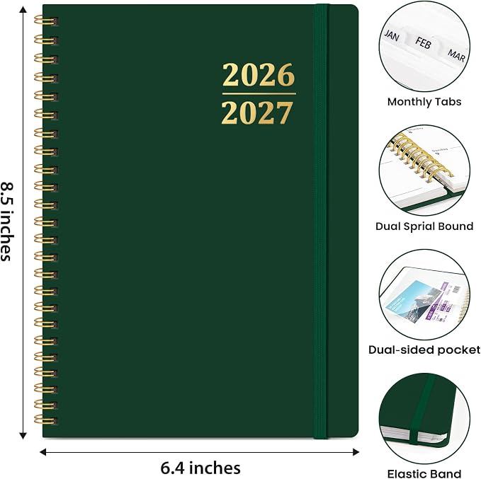 Academic Planner 2026-2027, Weekly and Monthly Calendar Planner Book, July 2026 – June 2027, Hardcover Organizer with Tabs, Perfect for Teachers, Students, Women & Men, A5 (6.4" x 8.5") - DarkGreen