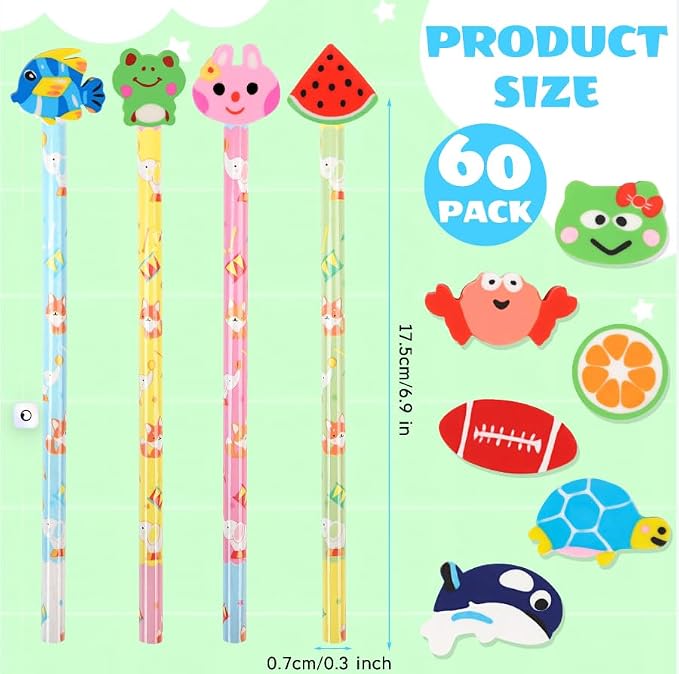 DERAYEE 60PCS Cute Pencils with Fruit Animal Top Eraser, Fun Wooden Pencil for Kids Students Reward Prize Classroom Party Favors