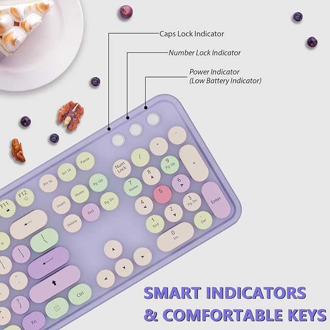 Kootop Wireless Computer Keyboard and Mouse Combo,Colorful Purple | Ergonomic Full Size Typewriter Retro Round Keycaps Keyboard, Compatible with Windows, PC, Perfer for Home and Office