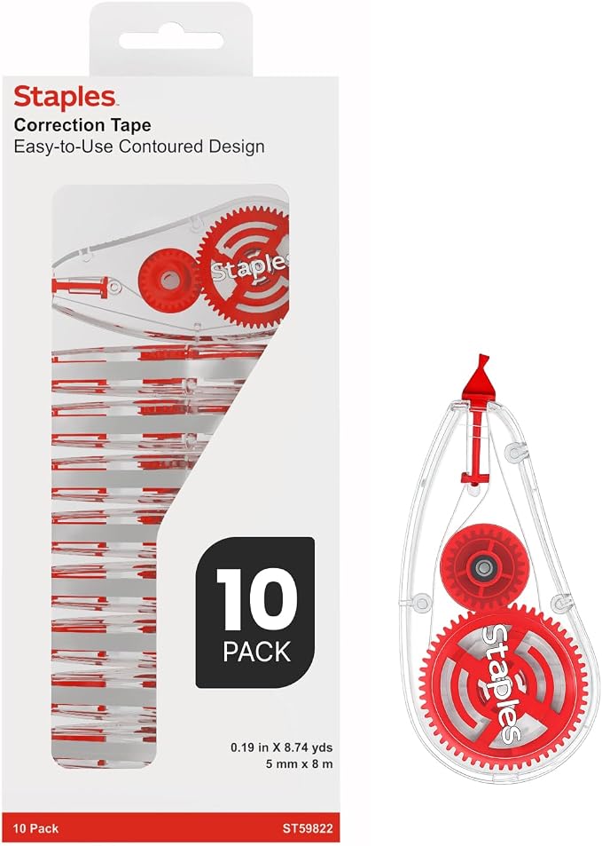 STAPLES Correction Tape, White, 10 Pack – Sidewinder Applicator for Instant, Precise Corrections