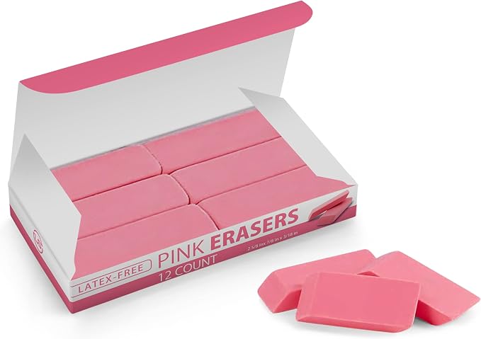 Pink Erasers, 12 Count Rectangular Eraser Bulk Pack, Latex Free Pink Pearl Erasers for School Supplies, Art and Office