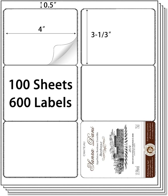 9527 Product 6 up 3-1/3“ x 4” Sticker Labels Shipping Address Labels for Laser & Inkjet Printers, 100 Sheets, Total 600 Labels