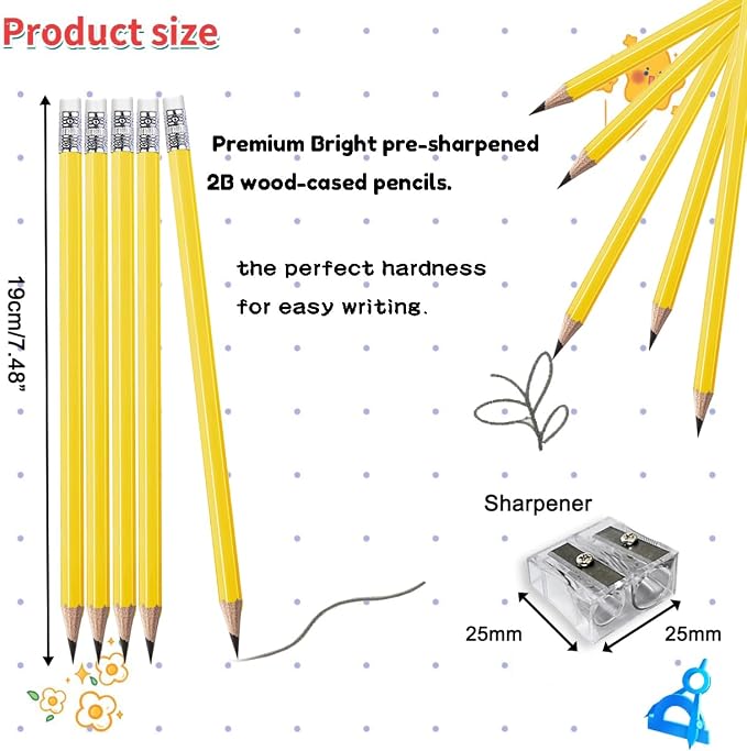 Adhere 25pcs Woodcase Pencils with Eraser Premium Pre-Sharpened Hexagon Graphite 2B pencils ideal for home, office writing including a Free Sharpener (Yellow・25pcs)