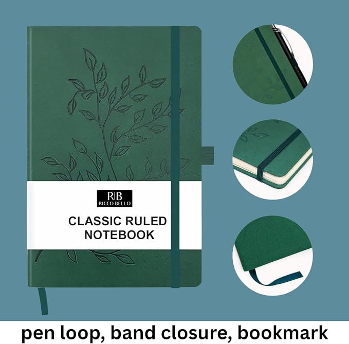 RICCO BELLO Lined Journal Notebook, Green Leaves, 5.7 x 8.4-Inches | Faux Leather Hardcover, College Ruled, 96 Sheets / 192 Pages, Pen Holder, For Work & Notes