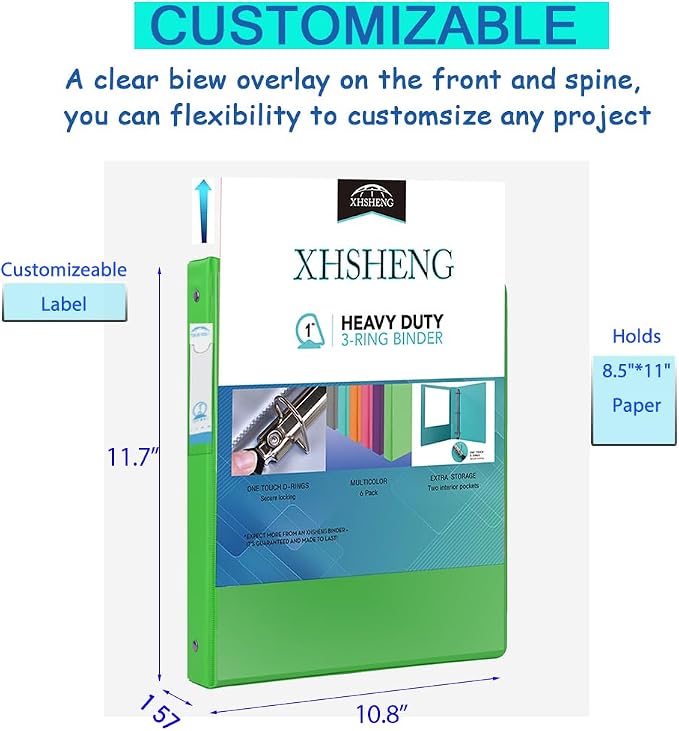 XHSHENG 1 Inch Binders 3 Ring,One Touch Easy Open D-Rings,Letter Size | 1 In Three Ring Binders,with 2 Pockets, Holds 225 Sheets 8.5x11 inch Papers, View Binders for School Supplies