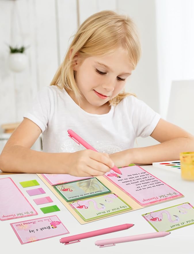 Cute Cartoon Flamingo Sticky Notes Teacher Appreciation Gift, Blackboard Self-Stick Note Pads with 3 Ballpoint Pens, Self-Adhesive Writing Memo Pages Back to School Office Supplies Small Gift