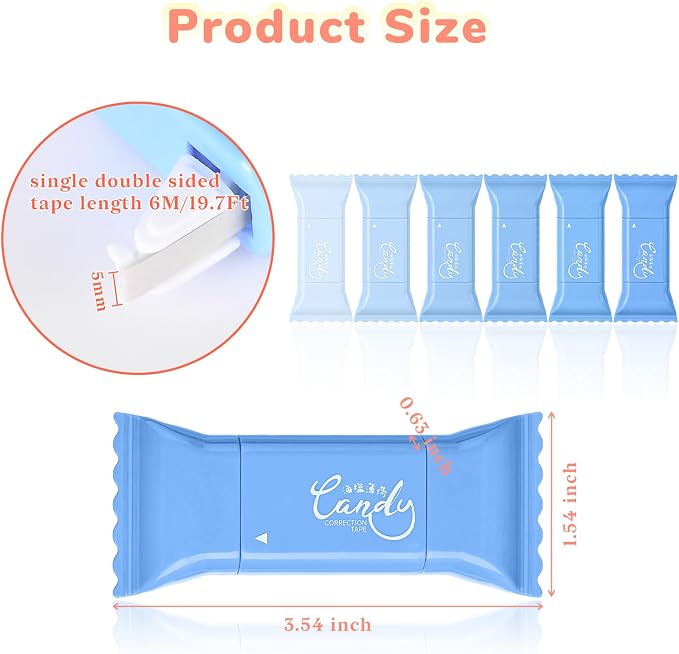 Temiary 6 Pcs White Correction Tapes, Cute White Smooth Pull Out Tape for Instant Corrections, Clean and Easy to Use Applicator for Office School Supplies (Blue)