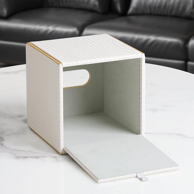 Square PU Leather Tissue Box Cover with Magnetic Closure, Decorative Tissue Holder & Storage Container for Bedroom, Living Room, Dining Room, Bathroom, Countertop, Desk & Office (White)