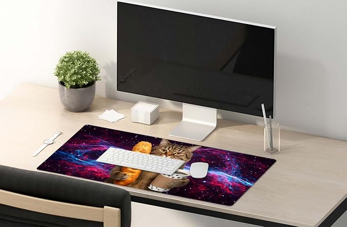 SSOIU Extended Mouse Pad, XXL Gaming Mouse Pads, Large Big Mousepad Laptop Computer Keyboard Mat Desk Pad with Non-Slip Base Stitched Edge for Gaming Office, 35.5 x 15.7 inch, Funny Cat