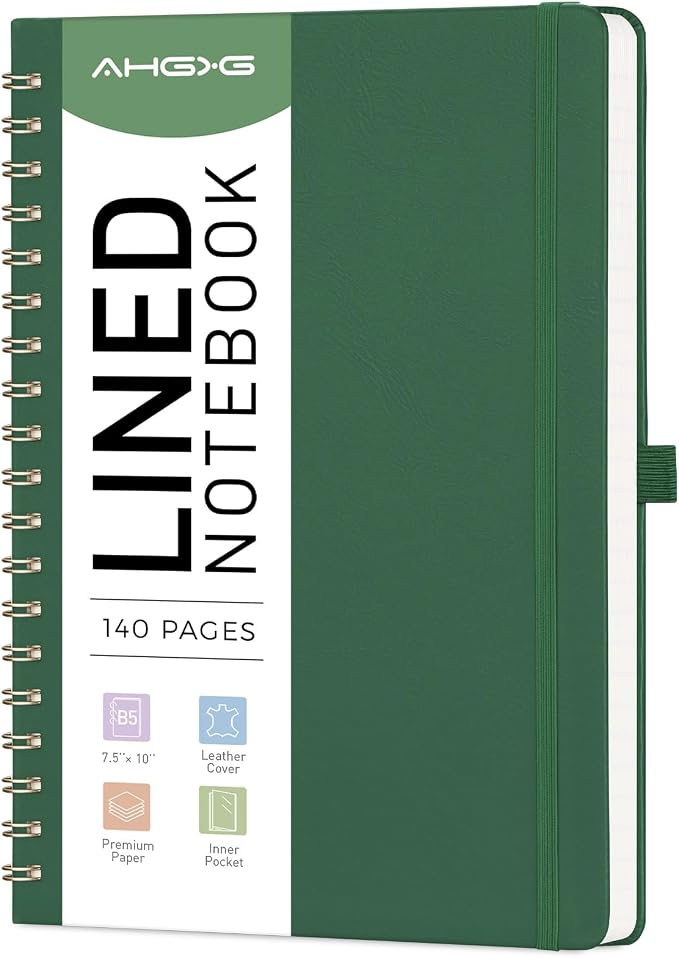AHGXG Lined Spiral Journal Notebook, 140 Pages, B5 (7.6" x 10") | Journals for Women, Hardcover Leather Notebook College Ruled, 100 GSM Paper, for Work School Note Taking (Dark green)