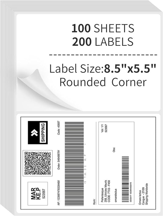Round Corner Half Sheet Shipping Labels,2 Per Page Self Adhesive Mailing Labels,White Blank 8.5" x 5.5" Sticker Paper for Laser & Inkjet Printers (200Labels)