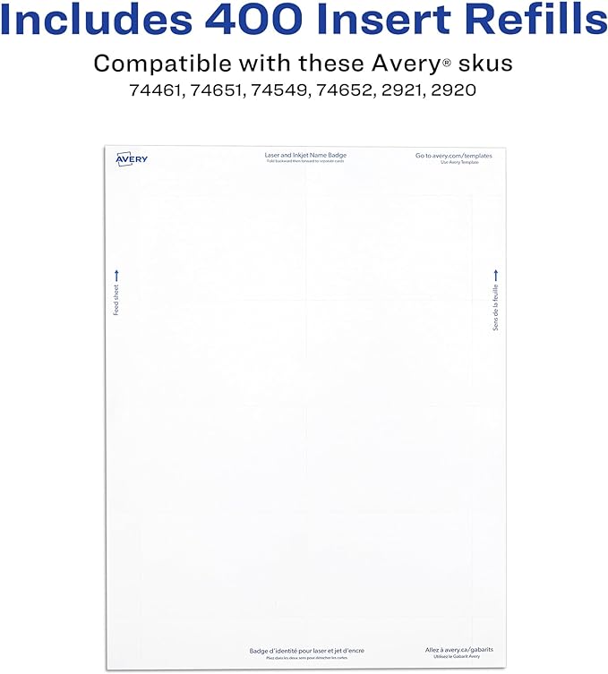 Avery Customizable Name Badge Inserts, 2.25" x 3.5", White, 400 Printable Name Tag Inserts (5390)
