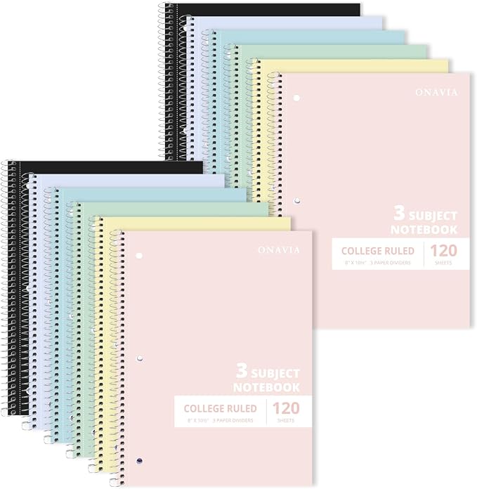 ONAVIA 3 Subject Spiral Notebook College Ruled, 240 Pages | 120 Sheets, 8 x 10.5 in, 3 Dividers, Double-Sided Pockets, School Notebook, Study, Homework, Students