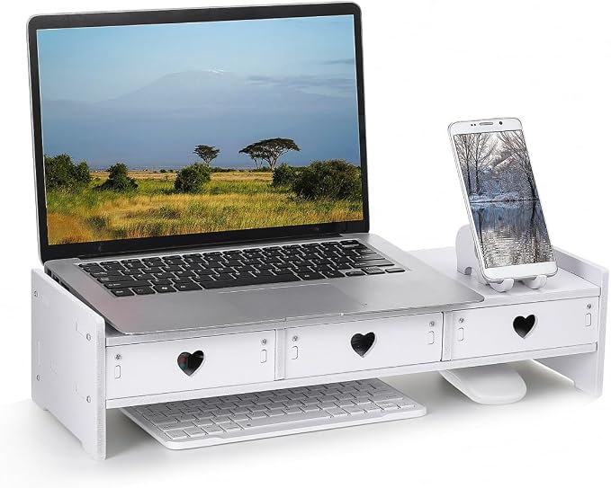 Tofficu Computer Monitor Riser with Drawer White Desk Shelf for Monitor and Keyboard Storage Rack Office Desk Organizer for Laptop Stand Riser for Home Office