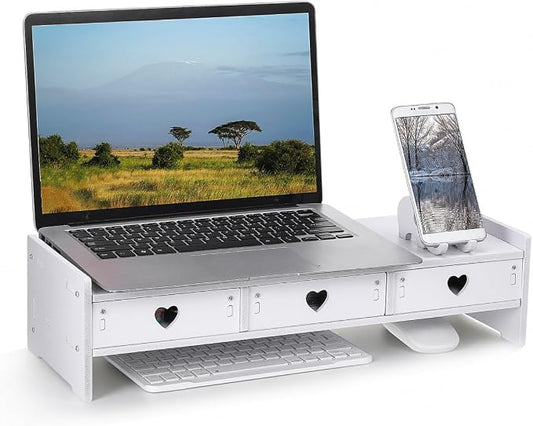 Tofficu Computer Monitor Riser with Drawer White Desk Shelf for Monitor and Keyboard Storage Rack Office Desk Organizer for Laptop Stand Riser for Home Office