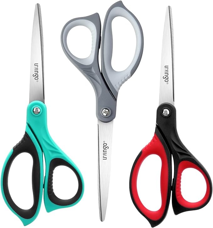LIVINGO 3 Pack 8.5" Sharp Scissors All Purpose | Professional Ergonomic Comfort Grip Stainless Steel Shears for Office School Home DIY Cutting General Use