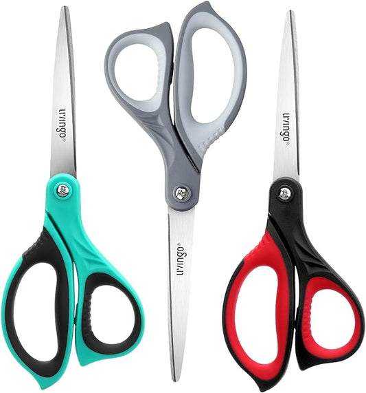 LIVINGO 3 Pack 8.5" Sharp Scissors All Purpose | Professional Ergonomic Comfort Grip Stainless Steel Shears for Office School Home DIY Cutting General Use