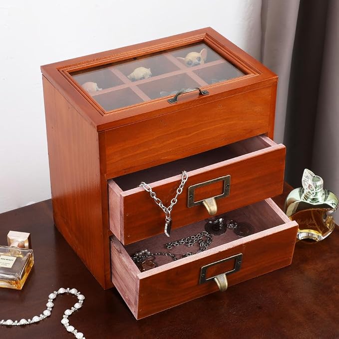 Small Wooden Drawers Wooden Box with Drawer Brown | 2 Drawer Storage Box for Apothecary Cabinet, Apothecary Drawers，Desktop Organizer with Metal Handles for Office，Home