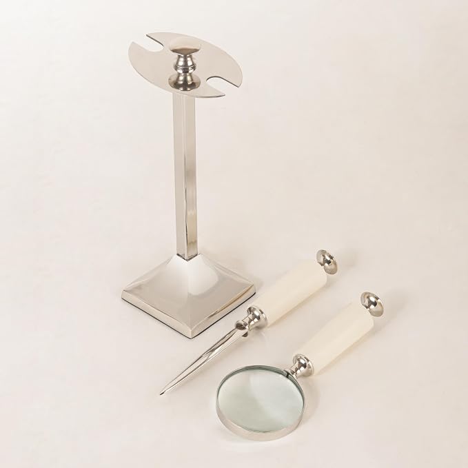 Set with Magnifying Glass and Letter Opener, Silver White Modern Office Desk Accessories, Decorative Home Office Decor, Professional Business Gift (Silver & White)