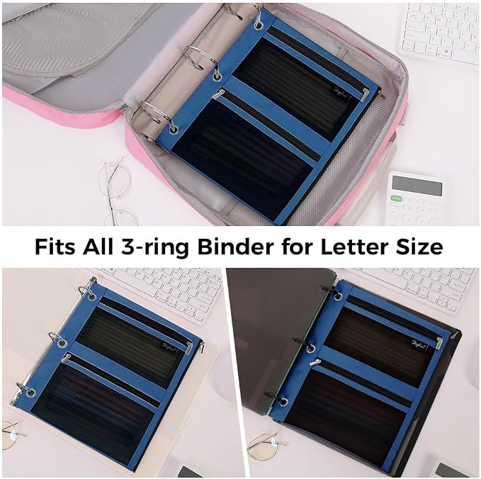 SKYDUE 3 Ring Pencil Pouch for Binder, Zipper Binder Pencil Pouch with 3 Pockets and Mesh Window, Durable Organizer for School Supplies, Cables, Earbuds, Makeup