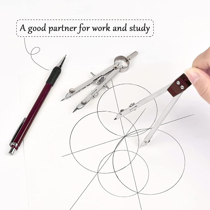 Unjoo 9Pcs Precision Geometry Set Metal Compass,Geometry Tool Set (Brown) | Shatterproof Storage Box, Circle Drafting Tool and Architecture, Drafting Kits for Engineers Students