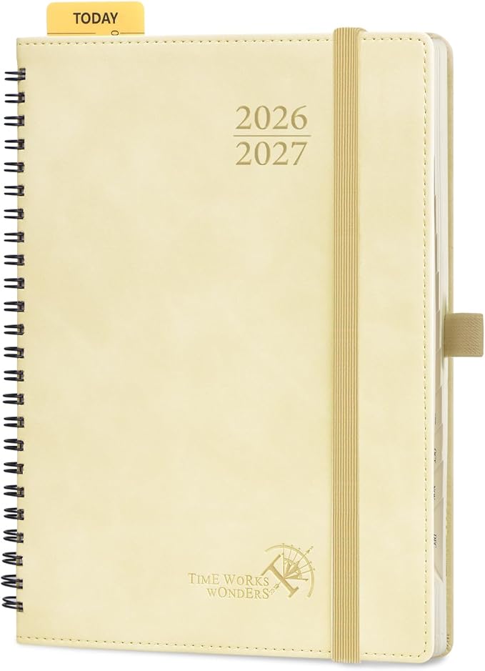POPRUN Weekly Planner 2026-2027, 6.5" x 8.5", (July 26-June 27) Academic Weekly and Monthly Planner, Calendar Notebook 2026-2027 Agenda for School, College, Spiral Leather Softcover - Beige